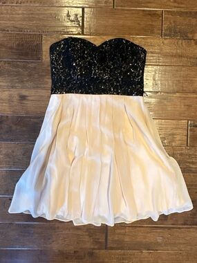 Strapless Sequin Bodice Chiffon Skater Dress - Black & Light Pink Mauve